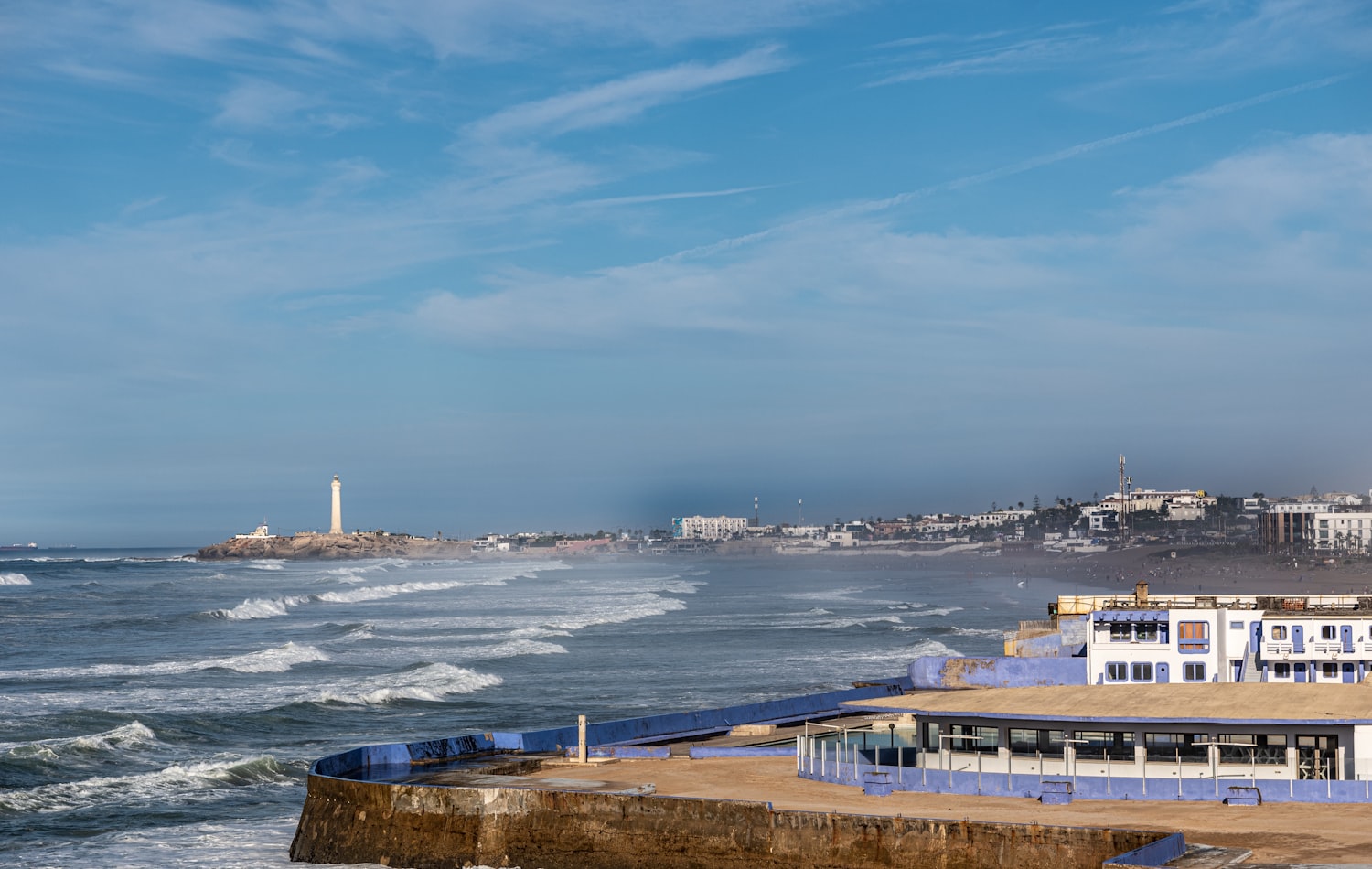 The Casablanca corniche and El Hank lighthouse on the Atlantic coast, Morocco